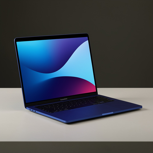Ordinateur portable ultrafin de 13 pouces avec finition bleu galaxie, ouvert sur un bureau minimaliste.