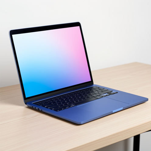 Ordinateur portable fin de 15 pouces avec finition bleu galaxie, ouvert sur un bureau en bois clair dans un espace de travail moderne.