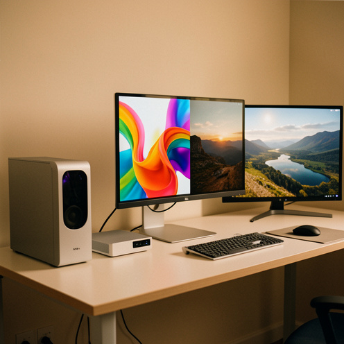 Un ordinateur compact argenté et un boîtier multimédia installés ensemble dans un espace de travail moderne, reliés à un écran et une télévision.
