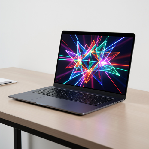Ordinateur portable professionnel de 16 pouces ouvert sur un bureau minimaliste, avec une visualisation abstraite et colorée de performances à l'écran.