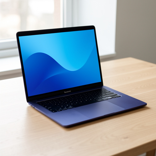 Ordinateur portable fin de 15 pouces, couleur bleu nuit, ouvert sur un bureau en bois clair dans une lumière douce.