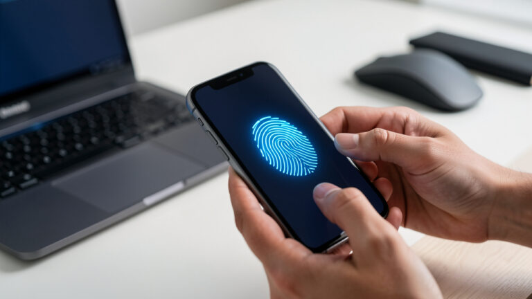 Smartphone et ordinateur portable se déverrouillant grâce à une empreinte biométrique lumineuse dans un espace de travail moderne