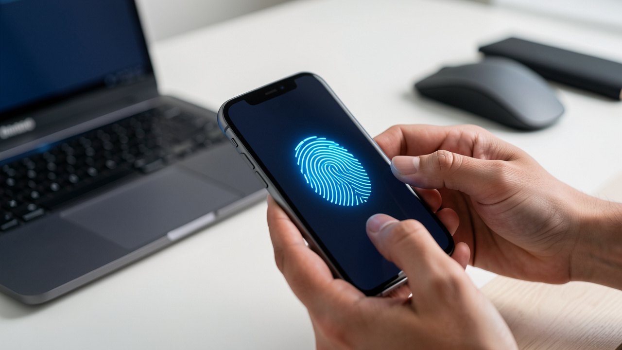 Smartphone et ordinateur portable se déverrouillant grâce à une empreinte biométrique lumineuse dans un espace de travail moderne