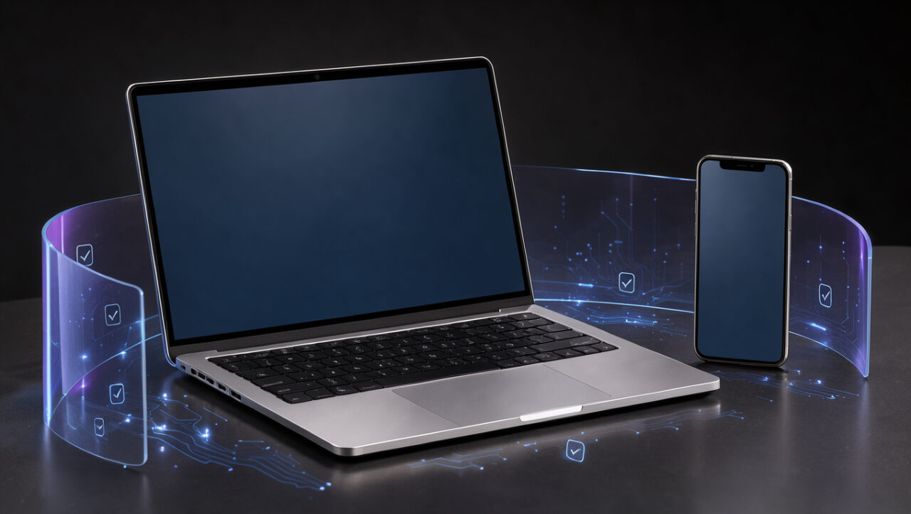 Ordinateur portable et smartphone entourés d’un bouclier lumineux symbolisant une protection antivirus numérique.
