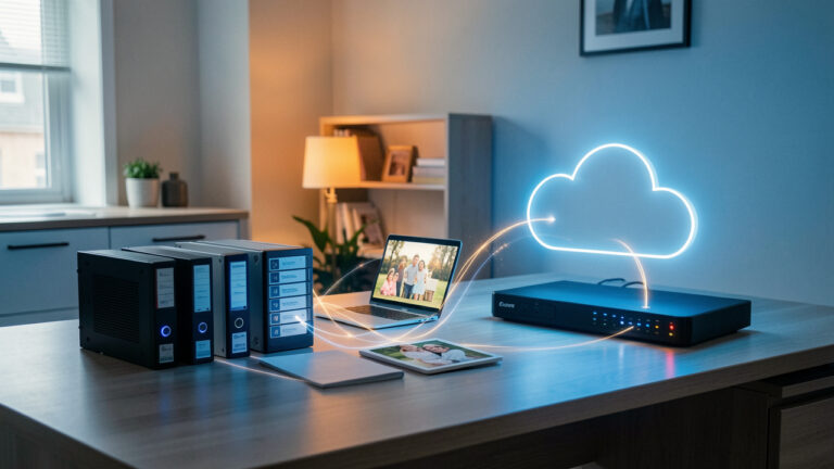 Dispositifs de sauvegarde sécurisés et stockage en nuage protégeant des photos et fichiers importants dans un bureau domestique.