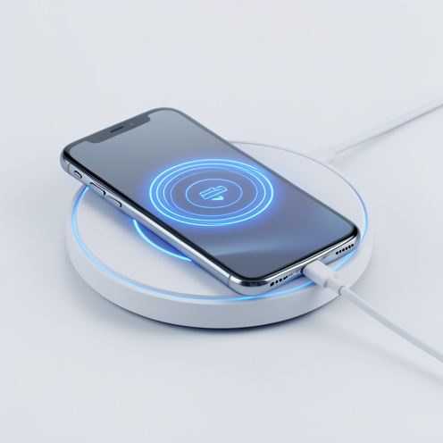 Smartphone moderne posé sur un socle de recharge sans fil, avec une lumière bleue douce et un câble soigneusement disposé.