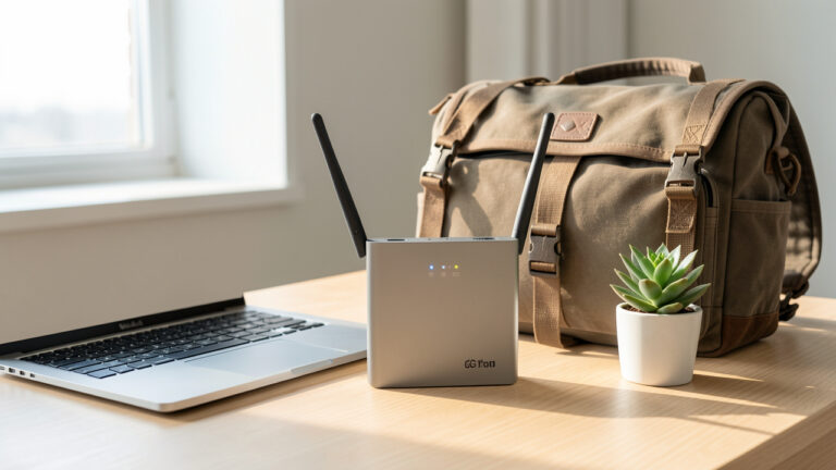 Routeur 5G avec carte SIM posé près d’un ordinateur portable et d’un sac de voyage dans un intérieur moderne.
