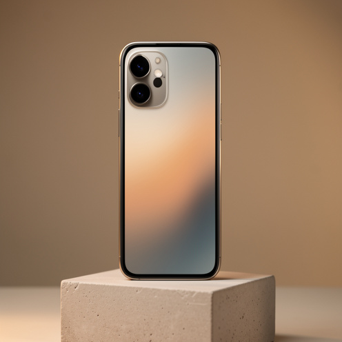 Smartphone haut de gamme en titane naturel, présenté verticalement sur un socle en pierre avec un écran affichant un dégradé abstrait et un système photo à trois objectifs.