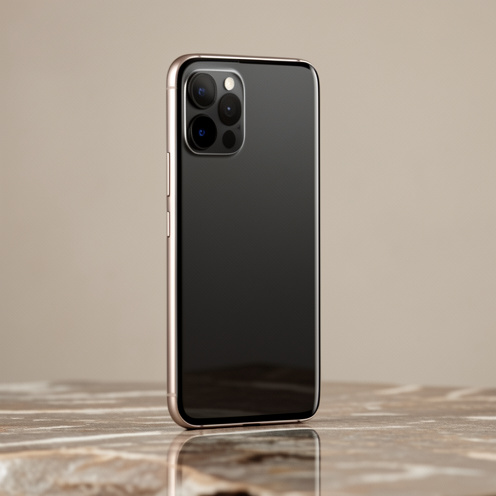 Smartphone haut de gamme au cadre couleur titane, doté d’un grand écran et de trois appareils photo arrière, présenté sur une surface en pierre réfléchissante.