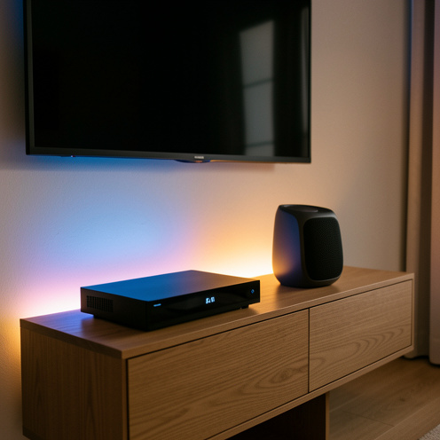 Un boîtier multimédia noir et une enceinte connectée élégante installés sur un meuble en bois dans un salon moderne, sous un téléviseur mural.