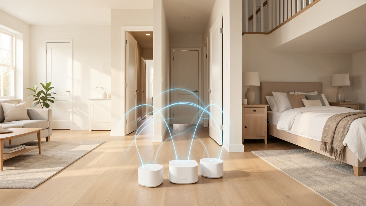 Système Wi-Fi mesh composé de trois boîtiers blancs reliés par des ondes bleues dans différentes pièces lumineuses d’une maison.