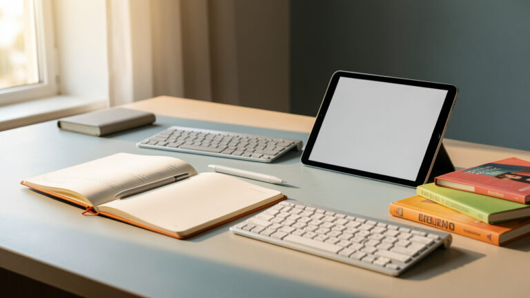 Tablette Android moderne posée sur un bureau avec un carnet ouvert, un stylet et un clavier sans fil dans une ambiance d’étude lumineuse.
