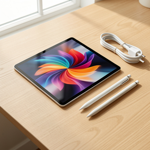 Tablette moderne de dixième génération posée sur un bureau en bois clair, accompagnée d’un stylet et d’un câble de recharge.
