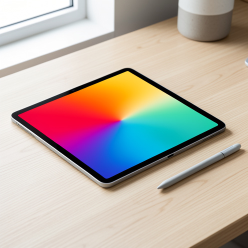 Tablette premium de troisième génération au boîtier fin en aluminium, posée sur un bureau en bois avec un stylet et une housse, écran affichant un dégradé coloré abstrait.