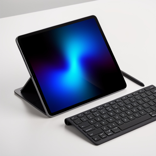 Tablette professionnelle fine avec stylet et clavier, présentée sur un bureau minimaliste avec un écran aux couleurs vives.