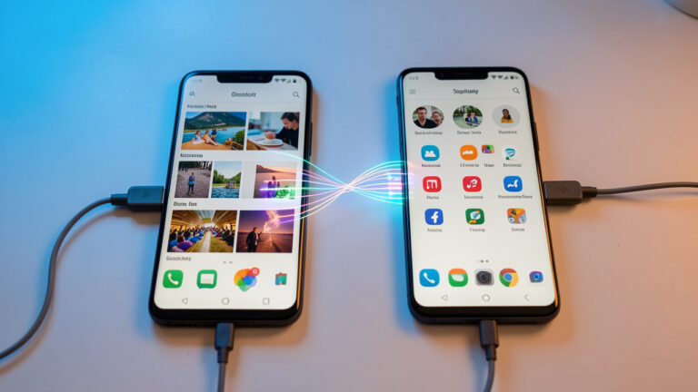 Deux smartphones Android côte à côte, avec un transfert sécurisé de photos, contacts et applications entre les appareils.