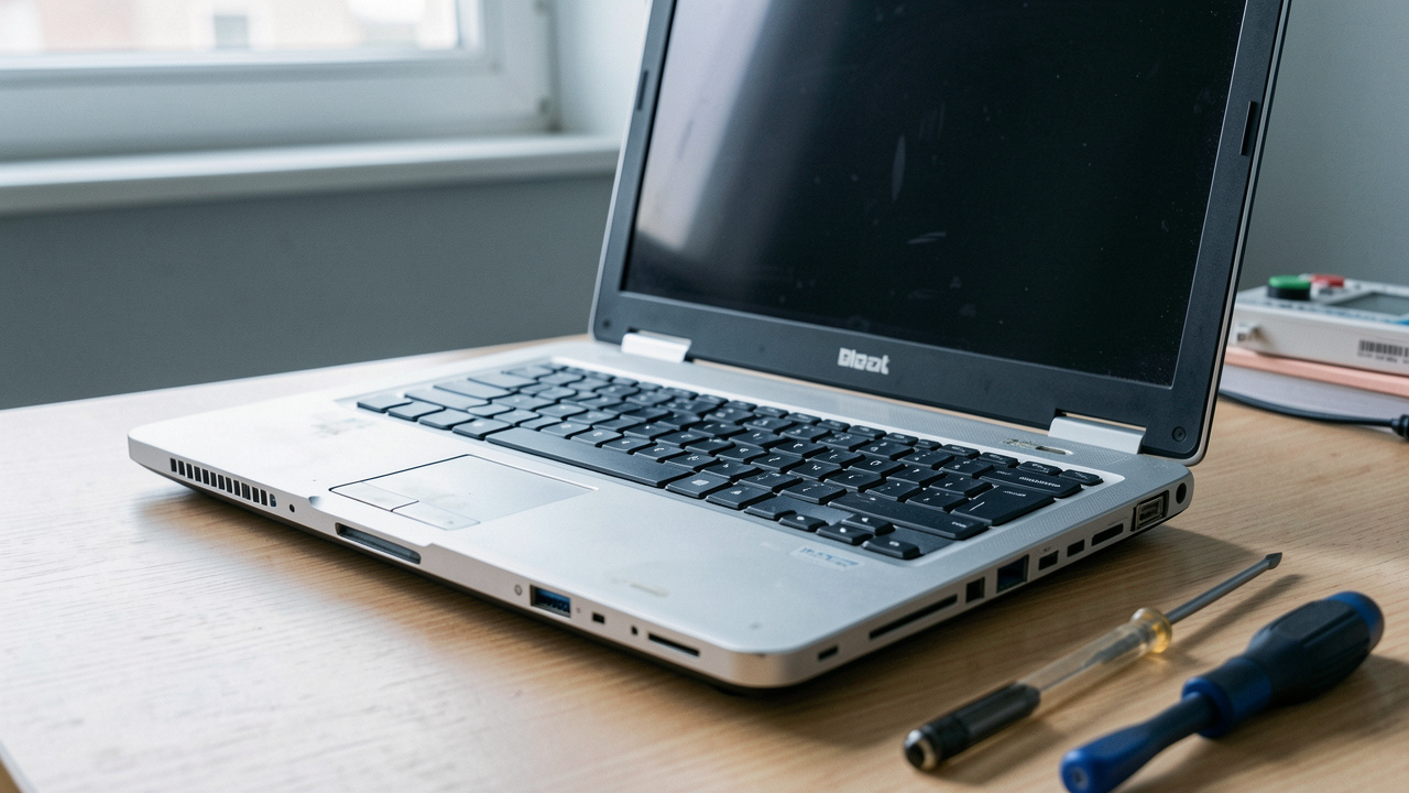 Ordinateur portable d’occasion ouvert sur un bureau, inspecté sous différents angles avec des outils de diagnostic.