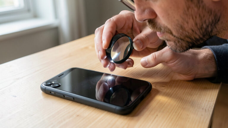 Un homme inspecte soigneusement un smartphone d’occasion en vérifiant son écran, ses objectifs, ses bords et son port de recharge.
